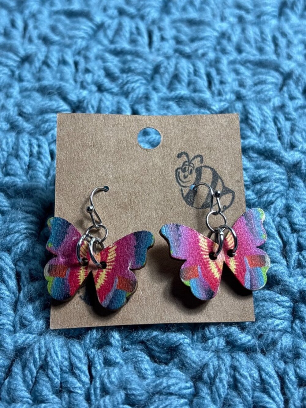 Wooden Butterfly Dangle Earrings Colorful 0.75 inch